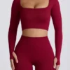 Super Sculpt naadloze crop top met lange mouwen in bordeauxrood