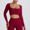 Super Sculpt naadloze crop top met lange mouwen in bordeauxrood