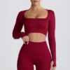 Super Sculpt naadloze crop top met lange mouwen in bordeauxrood