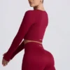 Super Sculpt naadloze crop top met lange mouwen in bordeauxrood