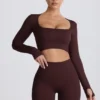 Super Sculpt naadloze cropped top met lange mouwen in chocoladebruin