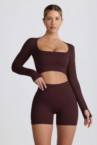 Super Sculpt naadloze cropped top met lange mouwen in chocoladebruin