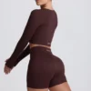 Super Sculpt naadloze cropped top met lange mouwen in chocoladebruin