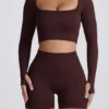 Super Sculpt naadloze cropped top met lange mouwen in chocoladebruin