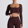 Super Sculpt naadloze cropped top met lange mouwen in chocoladebruin