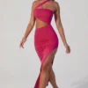 Suvi asymmetrische maxi-jurk met gerimpelde uitsnijding in fuchsia