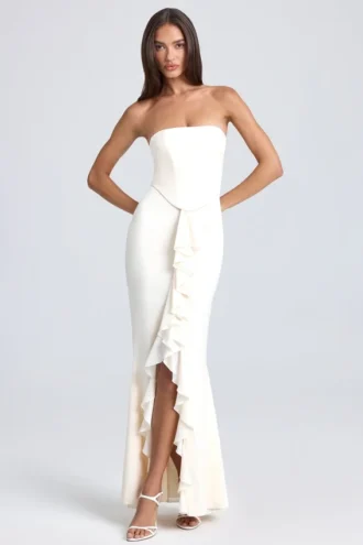 Tallullah bandeau-corsetjurk met ruches in ivoor