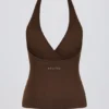 Tanktop met halternek en open rug in pecannoot gemêleerd