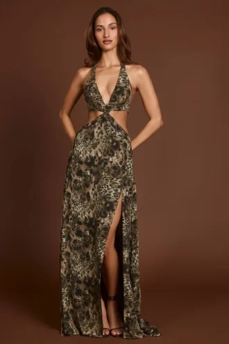Tarsia maxi-jurk met diepe uitsnijding en luipaardprint