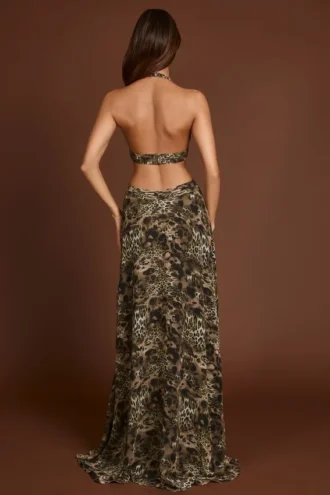 Tarsia maxi-jurk met diepe uitsnijding en luipaardprint