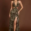 Tarsia maxi-jurk met diepe uitsnijding en luipaardprint