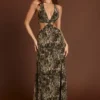Tarsia maxi-jurk met diepe uitsnijding en luipaardprint