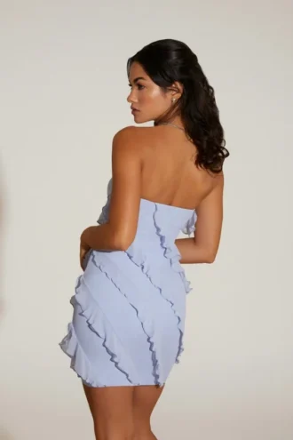 Tatiana bandeau-minijurk met ruches in blauw
