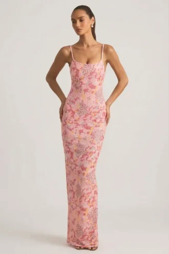 Tavira versierde maxi-jurk met ronde hals en open rug in roze