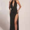 Teodora maxi-jurk met cowl-hals en dijhoogte in zwart