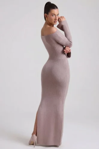 Terneigh geribbelde off-shoulder maxi-jurk in taupe