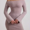 Terneigh geribbelde off-shoulder maxi-jurk in taupe