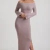 Terneigh geribbelde off-shoulder maxi-jurk in taupe