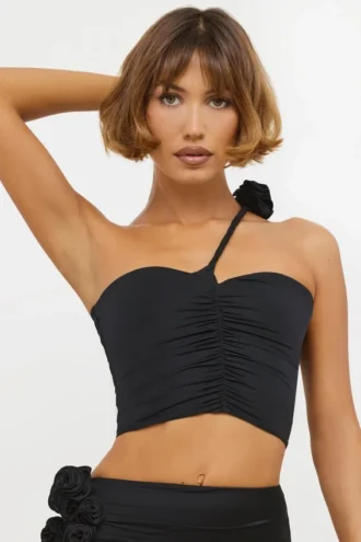 Tesia Slinky Jersey asymmetrische top met rozenmotief in zwart