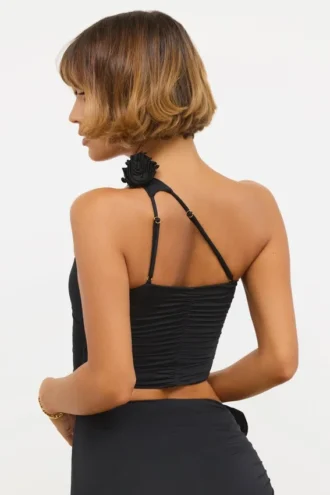 Tesia Slinky Jersey asymmetrische top met rozenmotief in zwart
