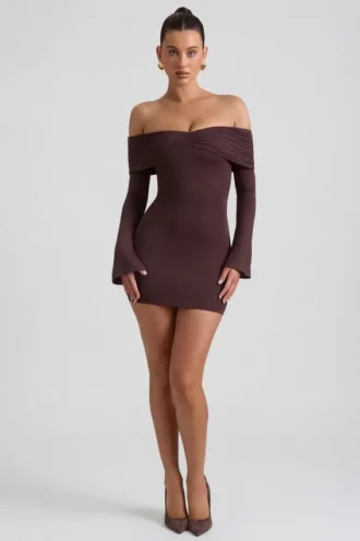 Thais minijurk met ruches en blote schouders van een modal-kasjmiermix in de kleur Espresso