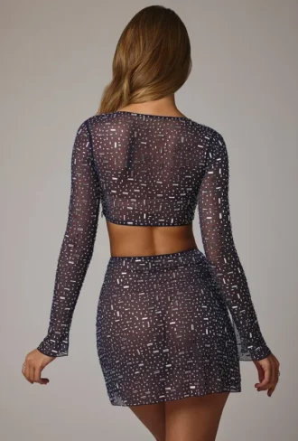 Thalassa doorschijnende mini-rok met versieringen en V-taille in marineblauw