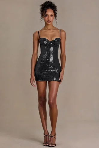 Theodora Premium minijurk met paillettenkant in zwart