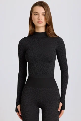 Thermische top met lange mouwen in zwart luipaardprint