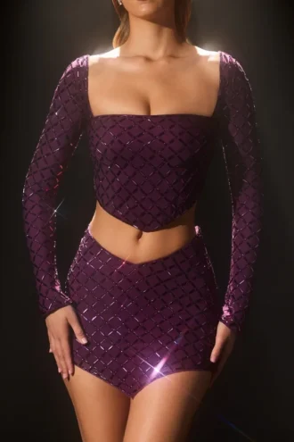 Thora versierde asymmetrische crop top in dieppaars