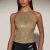 Tindra versierde jersey haltertop met open rug in goud