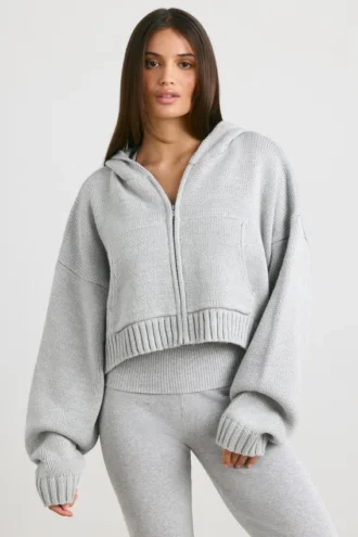 TRUE Korte hoodie met ritssluiting en grof breisel in heathergrijs