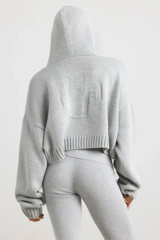TRUE Korte hoodie met ritssluiting en grof breisel in heathergrijs