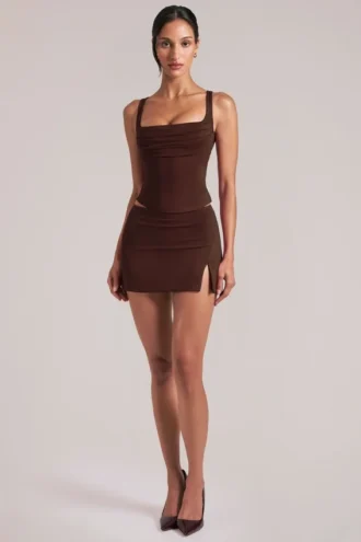 Tula Mid-Rise Bodycon Ultra Mini-rok met split in chocoladebruin
