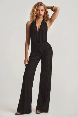 Tulay Devoré halternek jumpsuit met open rug in zwart