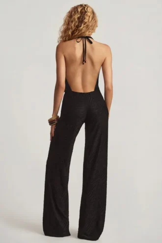 Tulay Devoré halternek jumpsuit met open rug in zwart