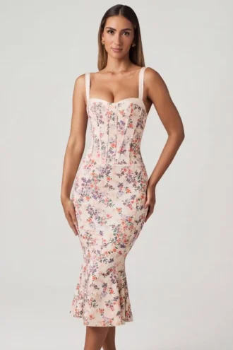 Valentina gelaagde beha-detail fishtail midi-jurk met primrose bloemenprint