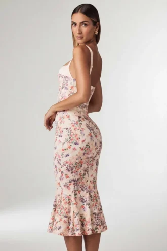 Valentina gelaagde beha-detail fishtail midi-jurk met primrose bloemenprint