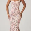 Valentina gelaagde beha-detail fishtail midi-jurk met primrose bloemenprint