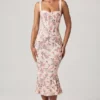 Valentina gelaagde beha-detail fishtail midi-jurk met primrose bloemenprint