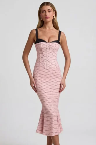 Valentina gelaagde midi-jurk met fishtail en bh-details in roze stippen