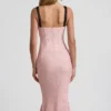Valentina gelaagde midi-jurk met fishtail en bh-details in roze stippen