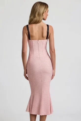 Valentina gelaagde midi-jurk met fishtail en bh-details in roze stippen