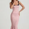 Valentina gelaagde midi-jurk met fishtail en bh-details in roze stippen