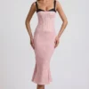 Valentina gelaagde midi-jurk met fishtail en bh-details in roze stippen