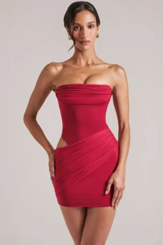 Veda Bandeau Bodycon Minijurk in kersenrood