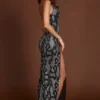 Velia versierde Peekaboo-jurk met col in zilveren slangenprint