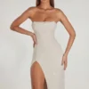 Verbier versierde bandeau-midi-jurk met col in ivoor