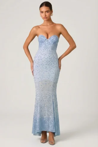 Vesna versierde fishtail-jurk met sweetheart-hals in hemelsblauw