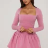 Viola minijurk met lange mouwen en bolle zoom in mauve