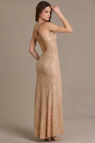 Violette versierde asymmetrische maxi-jurk met één schouder in beige goud